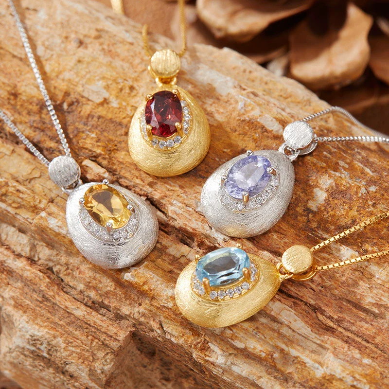 Women's Geometric Natural Amethytetine Pendant Necklace In S925 Sterling Silver With Gem And Crystal Design