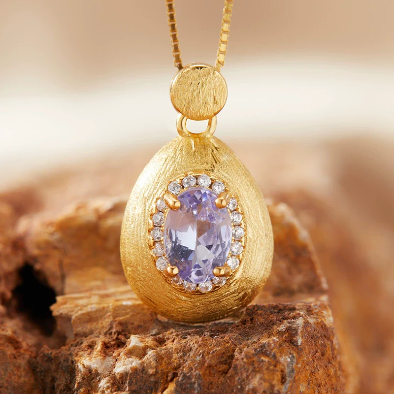 Women's Geometric Natural Amethytetine Pendant Necklace In S925 Sterling Silver With Gem And Crystal Design - Image 3