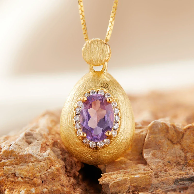 Women's Geometric Natural Amethytetine Pendant Necklace In S925 Sterling Silver With Gem And Crystal Design - Image 7
