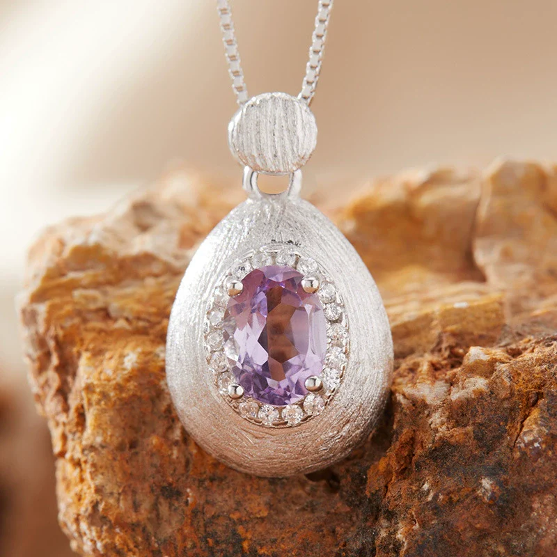 Women's Geometric Natural Amethytetine Pendant Necklace In S925 Sterling Silver With Gem And Crystal Design - Image 8