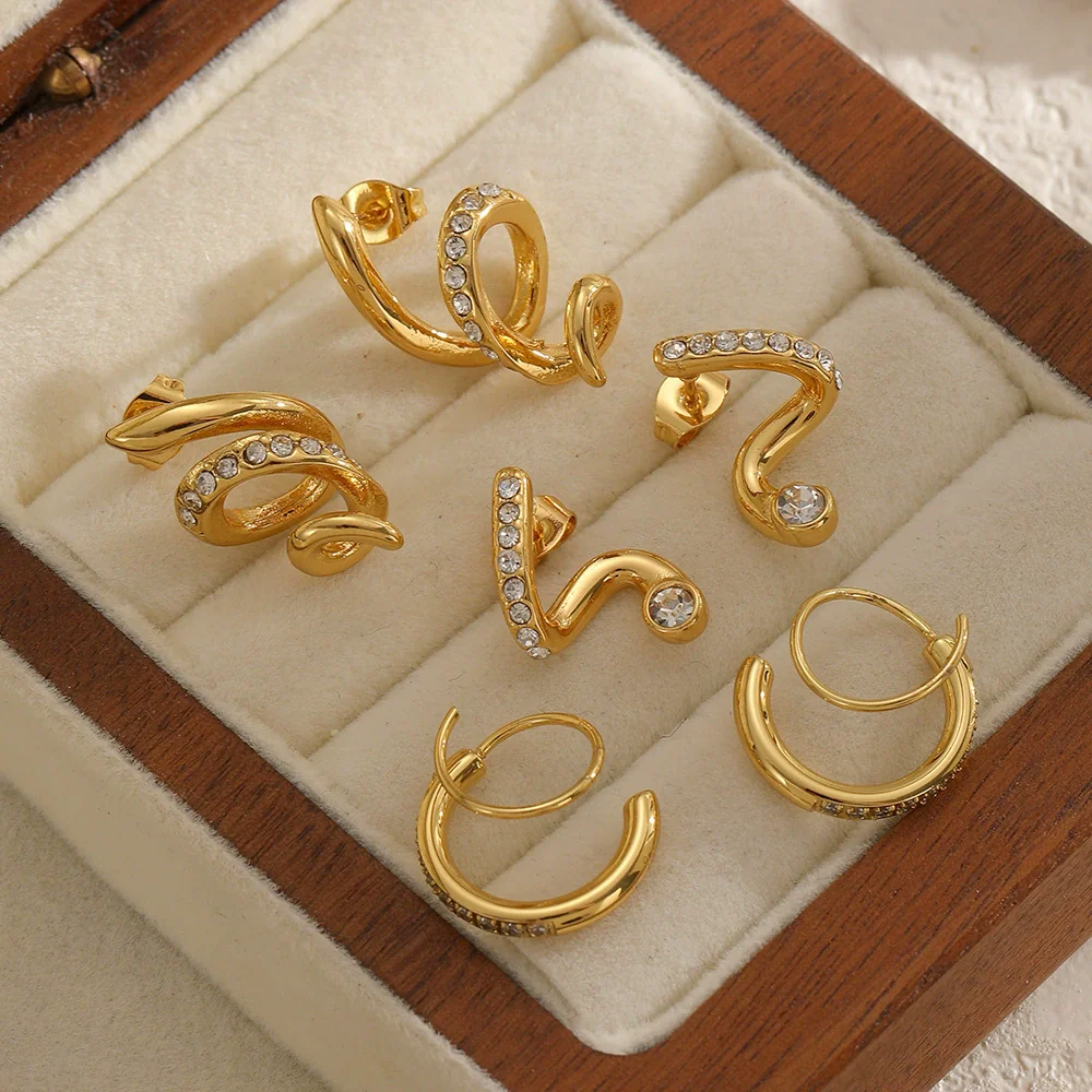 Women's Geometric Snakeshaped Stainless Steel And Titanium Steel Earrings With Diamond Encrusted And Pvd Furnace Vacuum Real Gold Plating - Image 3