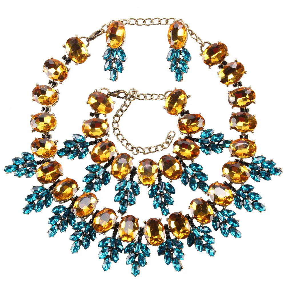 Women's Glass And Colored Glaze Jewelry Set With Geometric Pattern And Diamond Design Including Earrings Anklet And Necklace