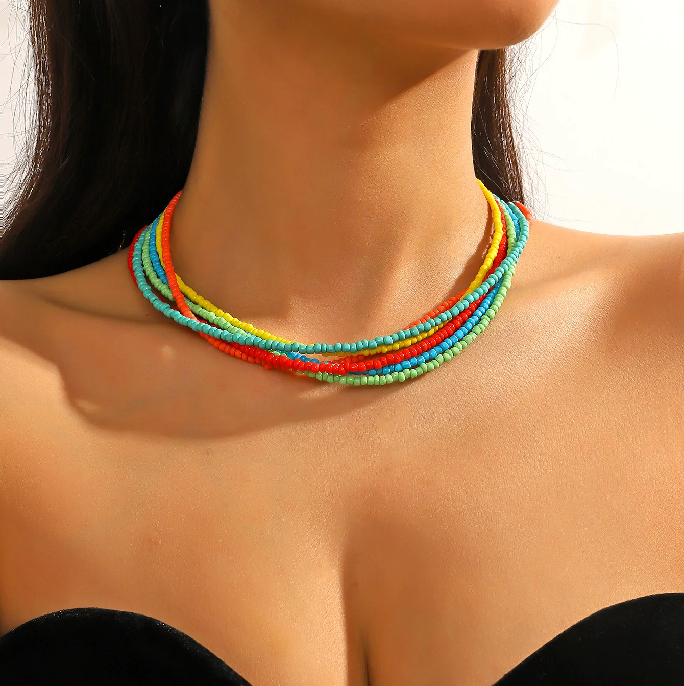 Women's Glass Glaze Organic Glass Ball Chain Geometric Multilayer Beads Necklace With Polishing