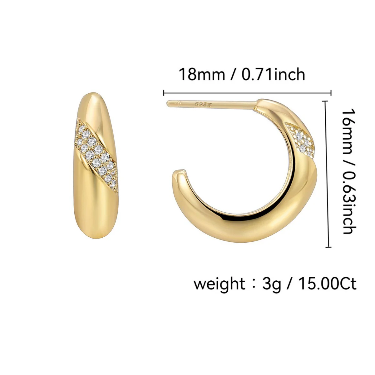 Women's Gold Plated Copper 18K Gold Plated Geometric Ctype Diamond Zircon Earrings Electroplated - Image 3