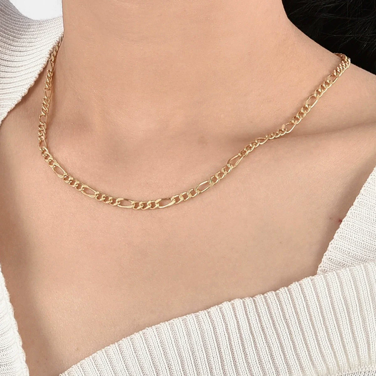 Women's Gold Plated Copper Figaro Chain Necklace Electroplated Cold Style - Image 4