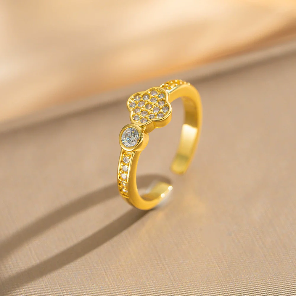 Women's Gold Plated Copper Geometric Four Leaf Clover Inlaid Zircon Adjustable Ring - Image 2