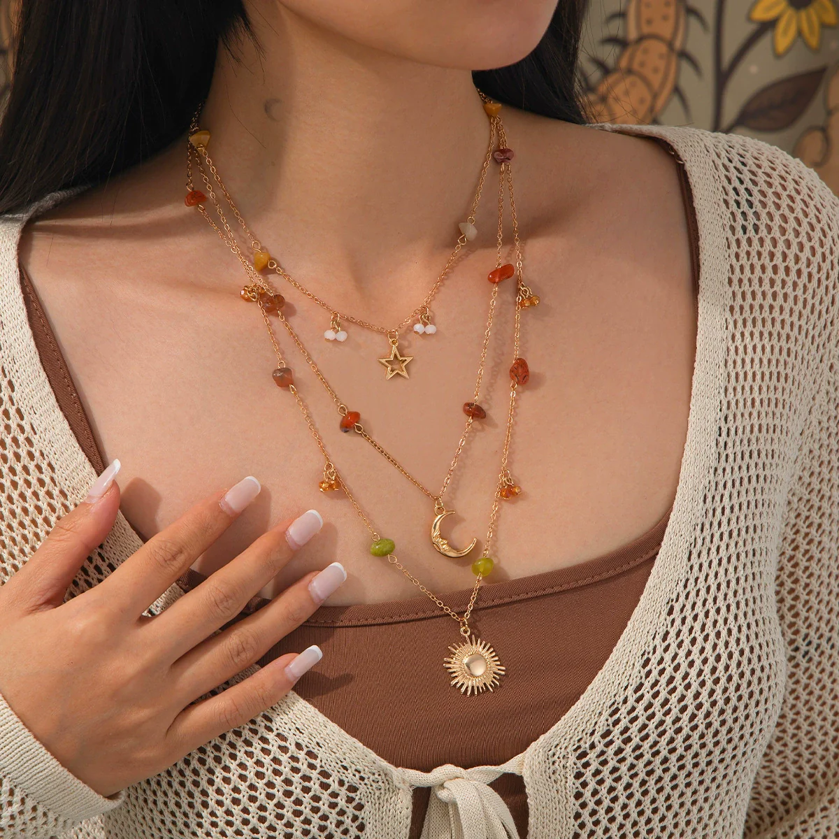 Women's Handmade Alloy Pendant Clavicle Chain Necklace With Gravel Star Geometric Pattern - Image 3