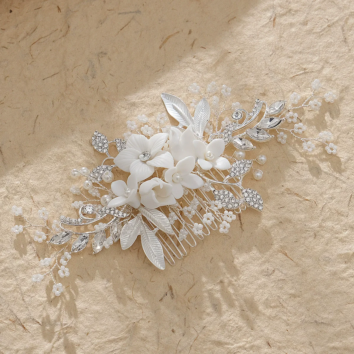 Women's Handmade Ceramic Flower Beaded Hair Comb With Electroplating - Image 5