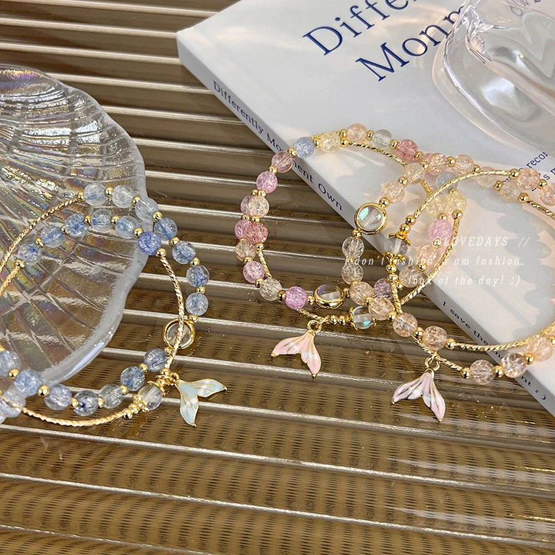 Women's Handmade Double Layer Beaded Bracelet With Fresh Floral Explosive Crystal Fishtail Pendant Geometric Pattern And Polishing Treatment - Image 2