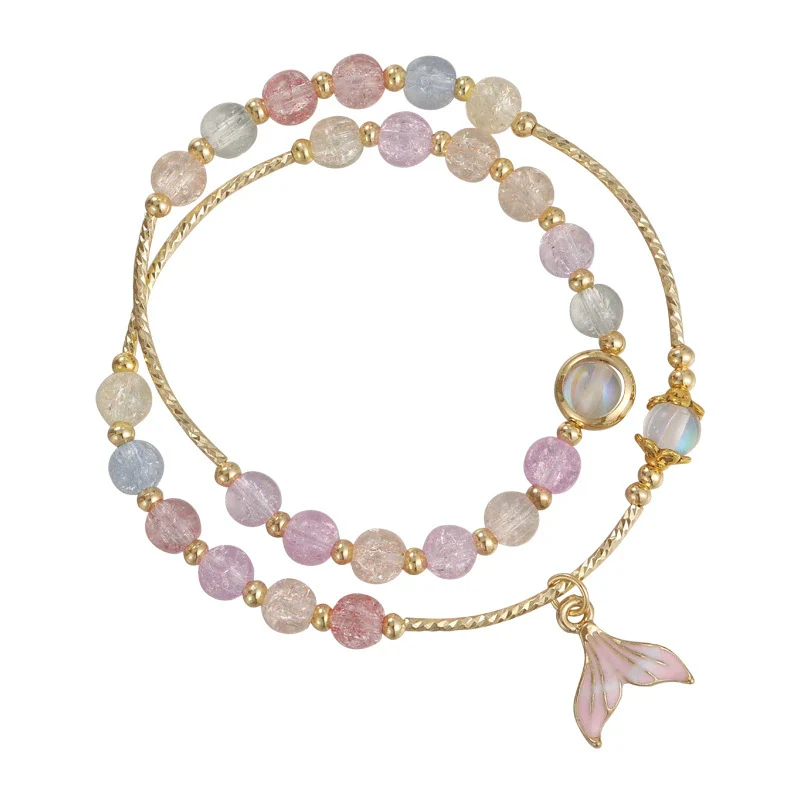 Women's Handmade Double Layer Beaded Bracelet With Fresh Floral Explosive Crystal Fishtail Pendant Geometric Pattern And Polishing Treatment - Image 5