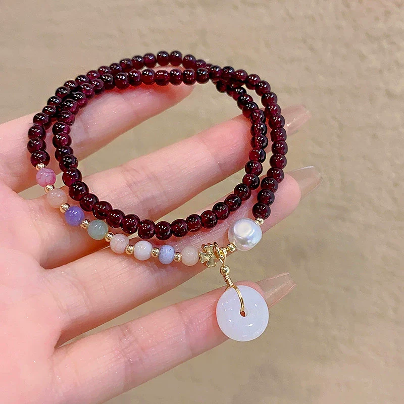 Women's Handmade Geometric Glass Glazed Garnet Beaded Double Layer Bracelet - Image 2