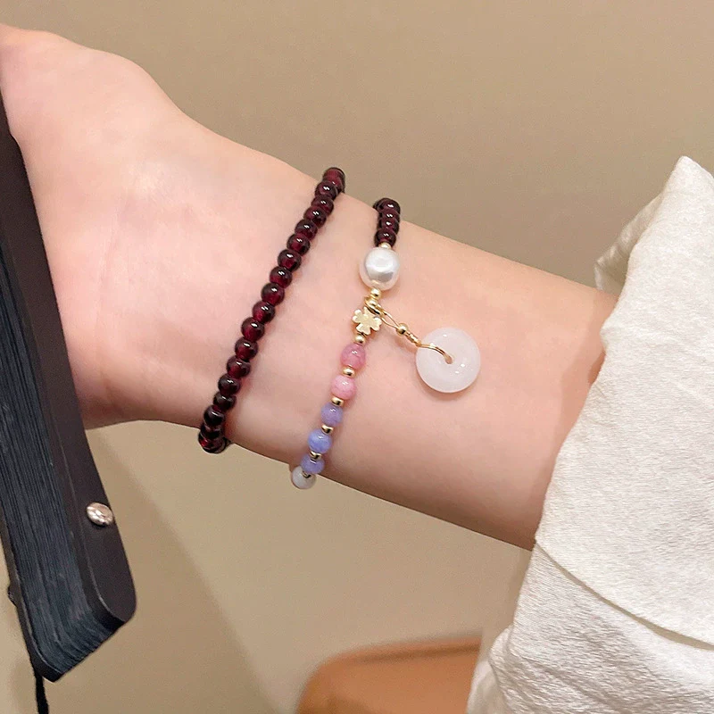 Women's Handmade Geometric Glass Glazed Garnet Beaded Double Layer Bracelet - Image 3