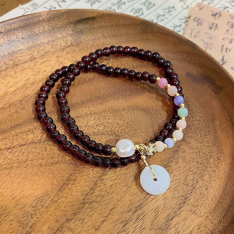 Women's Handmade Geometric Glass Glazed Garnet Beaded Double Layer Bracelet - Image 4