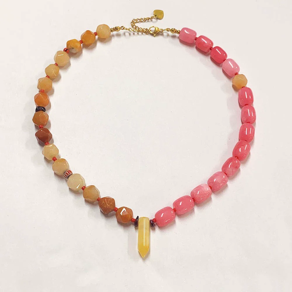 Women's Handmade Geometric Natural Stone Beaded Titanium Steel Necklace Maillard Style Regular Chain Mixed Gemstone Inlay - Image 4