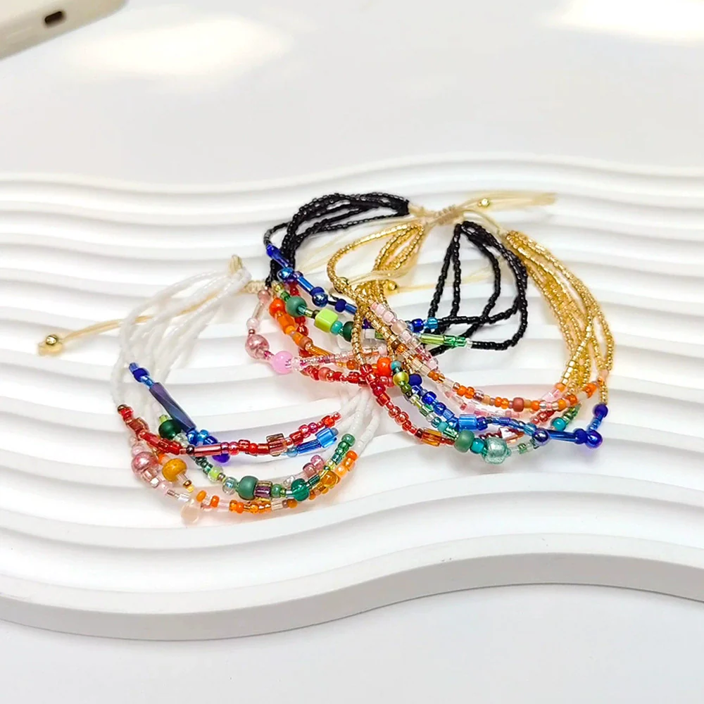 Women's Handwoven Glass And Glaze Beaded Multilayer Bracelet With Geometric Style