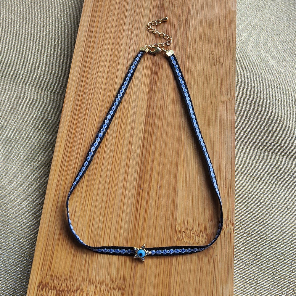 Women's Handwoven Metal And Organic Glass Geometric Ball Chain Evil Eye Necklace - Image 4
