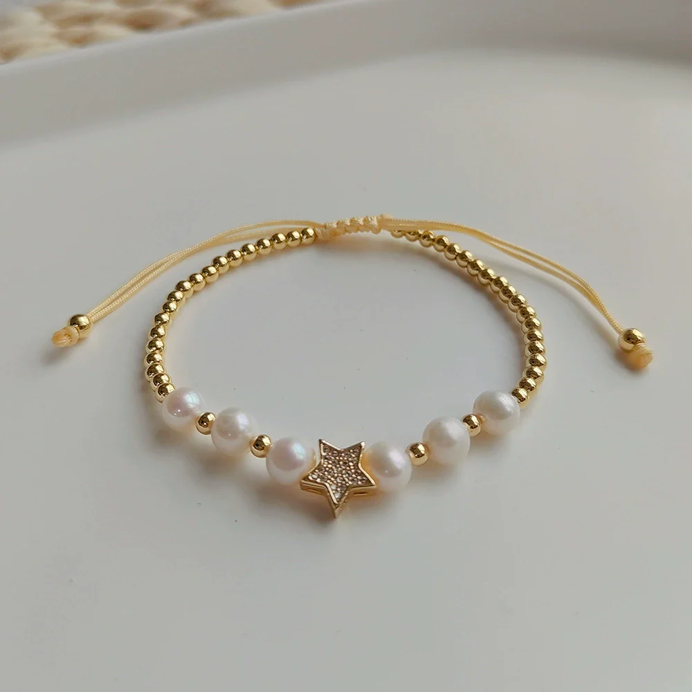 Women's Handwoven Natural Pearl And Copper Gold Plated Beaded Bracelet With Geometric Design - Image 3