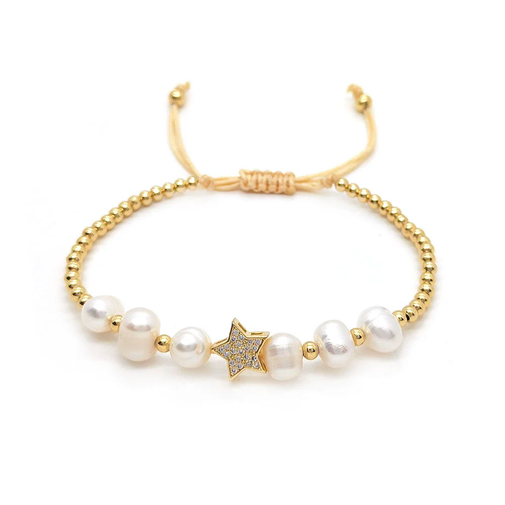 Women's Handwoven Natural Pearl And Copper Gold Plated Beaded Bracelet With Geometric Design - Image 5