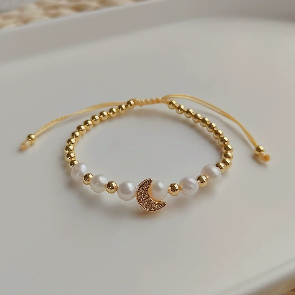 Women's Handwoven Natural Pearl And Copper Gold Plated Beaded Bracelet With Geometric Design - Image 6