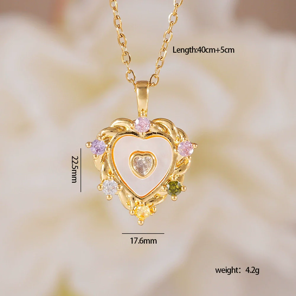 Women's Heartshaped Colorful Fashion Shell Pendant Necklace Copper Mixed Gemstone Setting Electroplating O Word Chain - Image 10