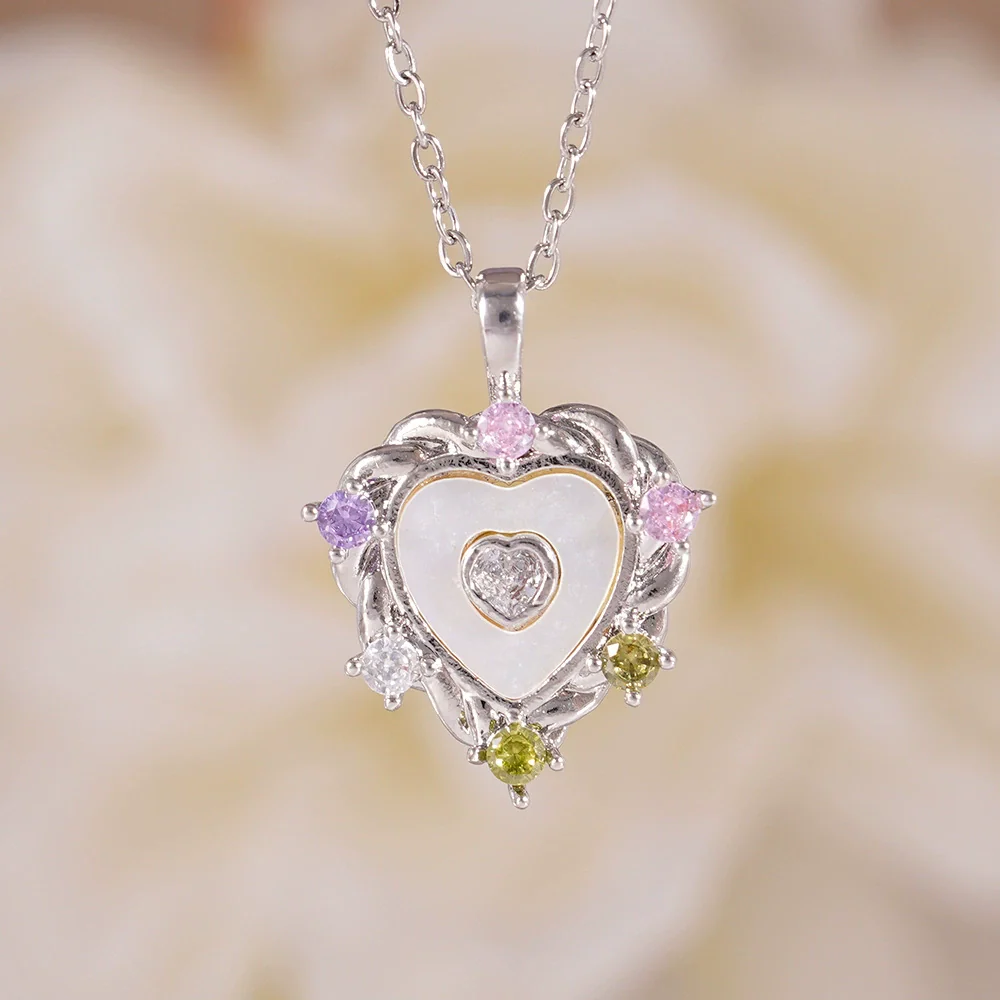 Women's Heartshaped Colorful Fashion Shell Pendant Necklace Copper Mixed Gemstone Setting Electroplating O Word Chain - Image 11