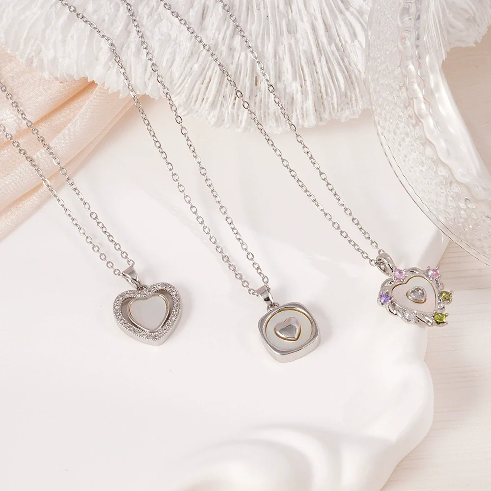 Women's Heartshaped Colorful Fashion Shell Pendant Necklace Copper Mixed Gemstone Setting Electroplating O Word Chain - Image 3