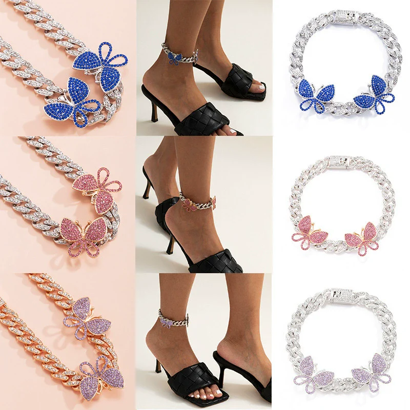 Women's Hiphop Punk Anklet With Rhinestone Inlay Large Butterfly Design Cuban Chain Style - Image 2