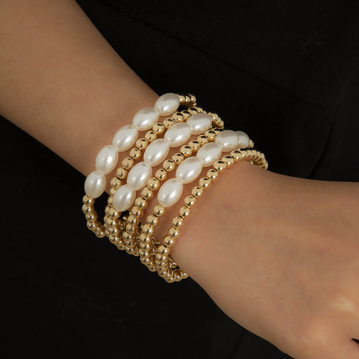 Women's Ins Style Imitation Pearl Beaded Geometric Curved Tube Metal Bracelet With Electroplating - Image 3