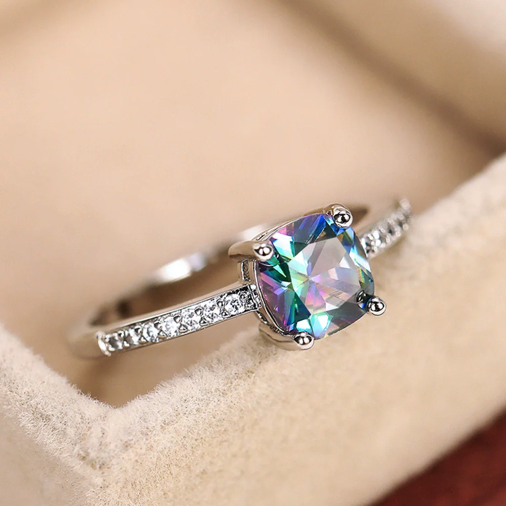 Women's Jewelry Copper Square Ring With Microinlaid Zircon And Sapphire Blue Diamond Natural Geometric Style - Image 2