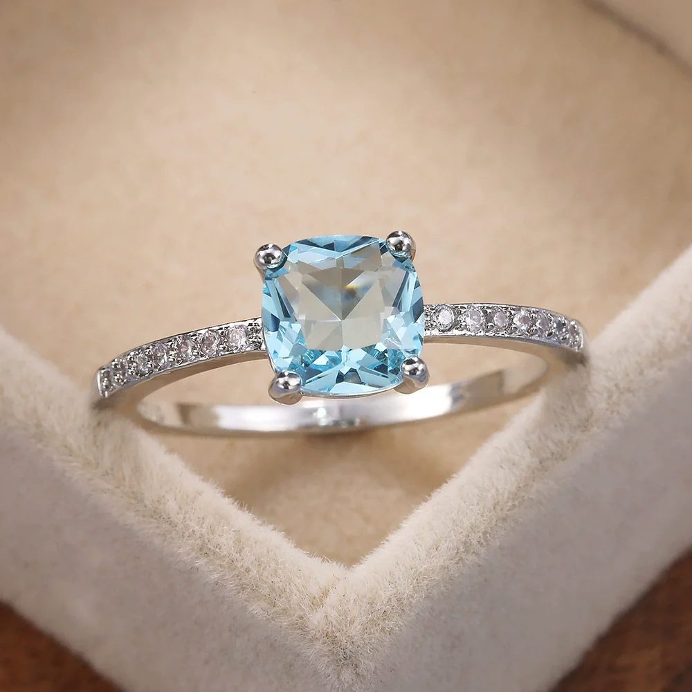 Women's Jewelry Copper Square Ring With Microinlaid Zircon And Sapphire Blue Diamond Natural Geometric Style - Image 4