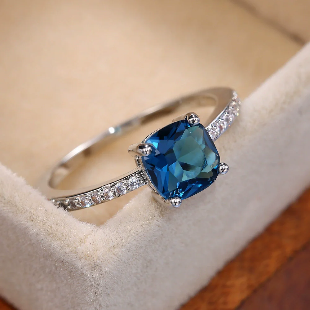 Women's Jewelry Copper Square Ring With Microinlaid Zircon And Sapphire Blue Diamond Natural Geometric Style - Image 7