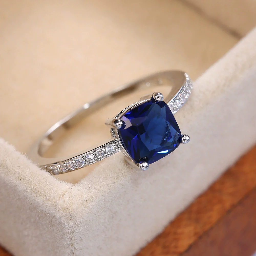 Women's Jewelry Copper Square Ring With Microinlaid Zircon And Sapphire Blue Diamond Natural Geometric Style - Image 8