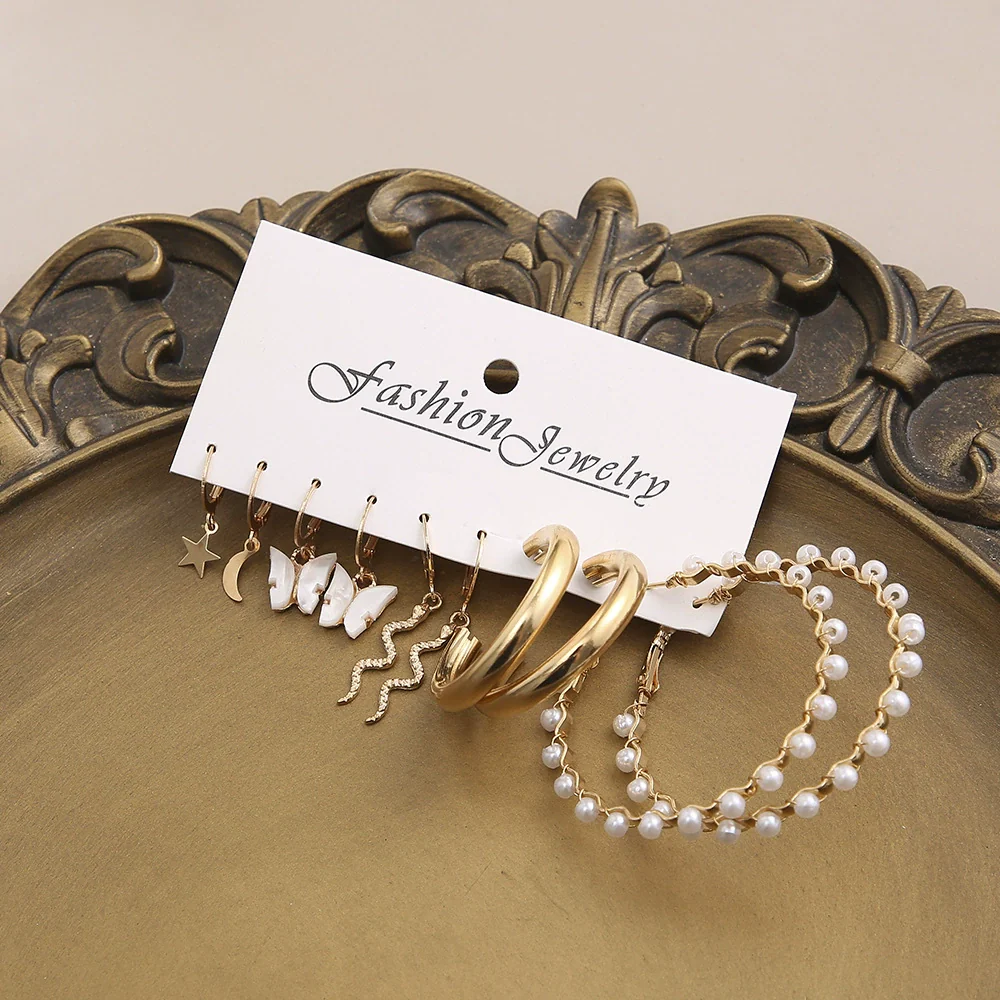 Women's Jewelry Crystal Alloy Flower Pattern Oil Butterfly Snake Pearl Earrings 5Piece Set With Electroplating - Image 4
