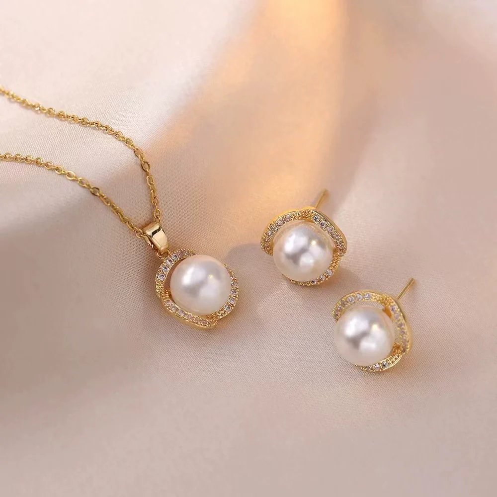 Women's Jewelry Pearl Gemstone Diamond Pendant Necklace Earring Set Titanium Steel Flower Pattern Simple Highend Electroplated