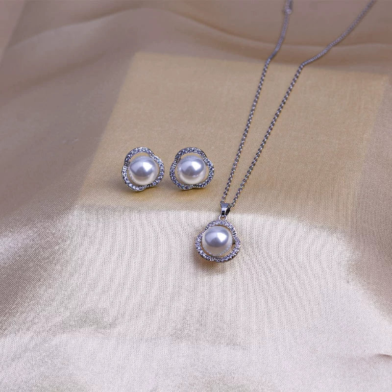 Women's Jewelry Pearl Gemstone Diamond Pendant Necklace Earring Set Titanium Steel Flower Pattern Simple Highend Electroplated - Image 11