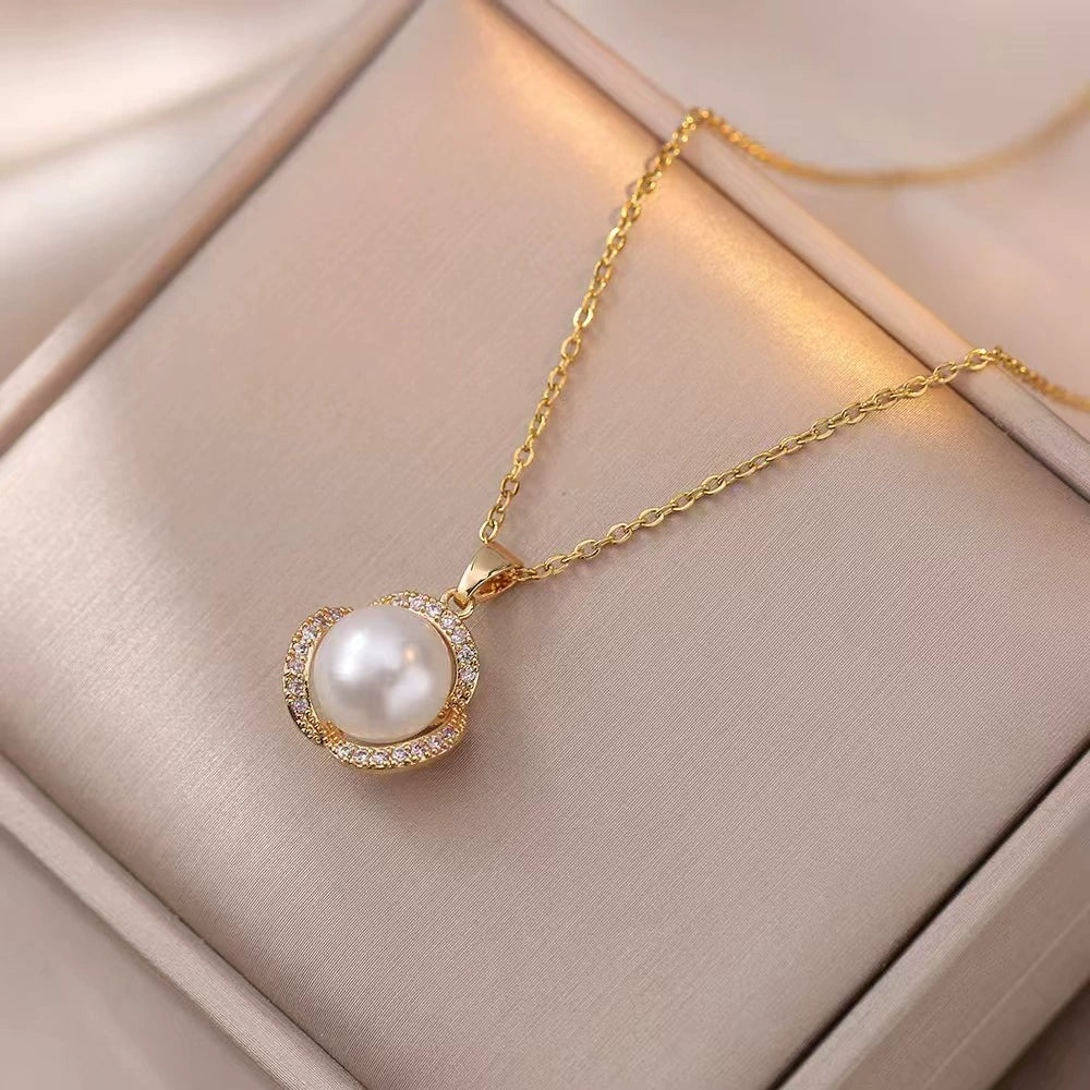 Women's Jewelry Pearl Gemstone Diamond Pendant Necklace Earring Set Titanium Steel Flower Pattern Simple Highend Electroplated - Image 6