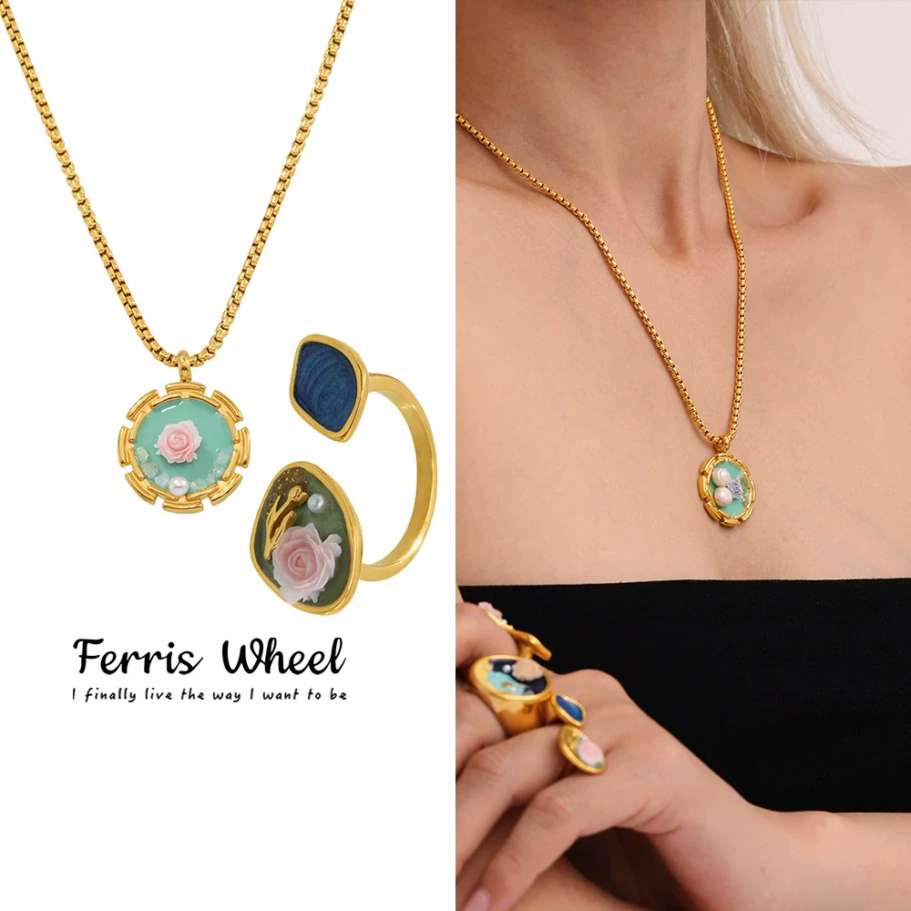 Women's Jewelry Set Ferris Wheel Rose Enamel Color Titanium Steel Electroplated Necklace And Ring