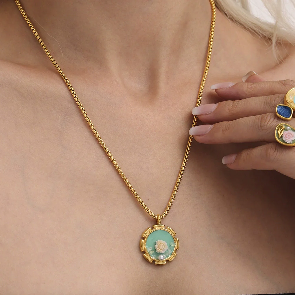 Women's Jewelry Set Ferris Wheel Rose Enamel Color Titanium Steel Electroplated Necklace And Ring - Image 3