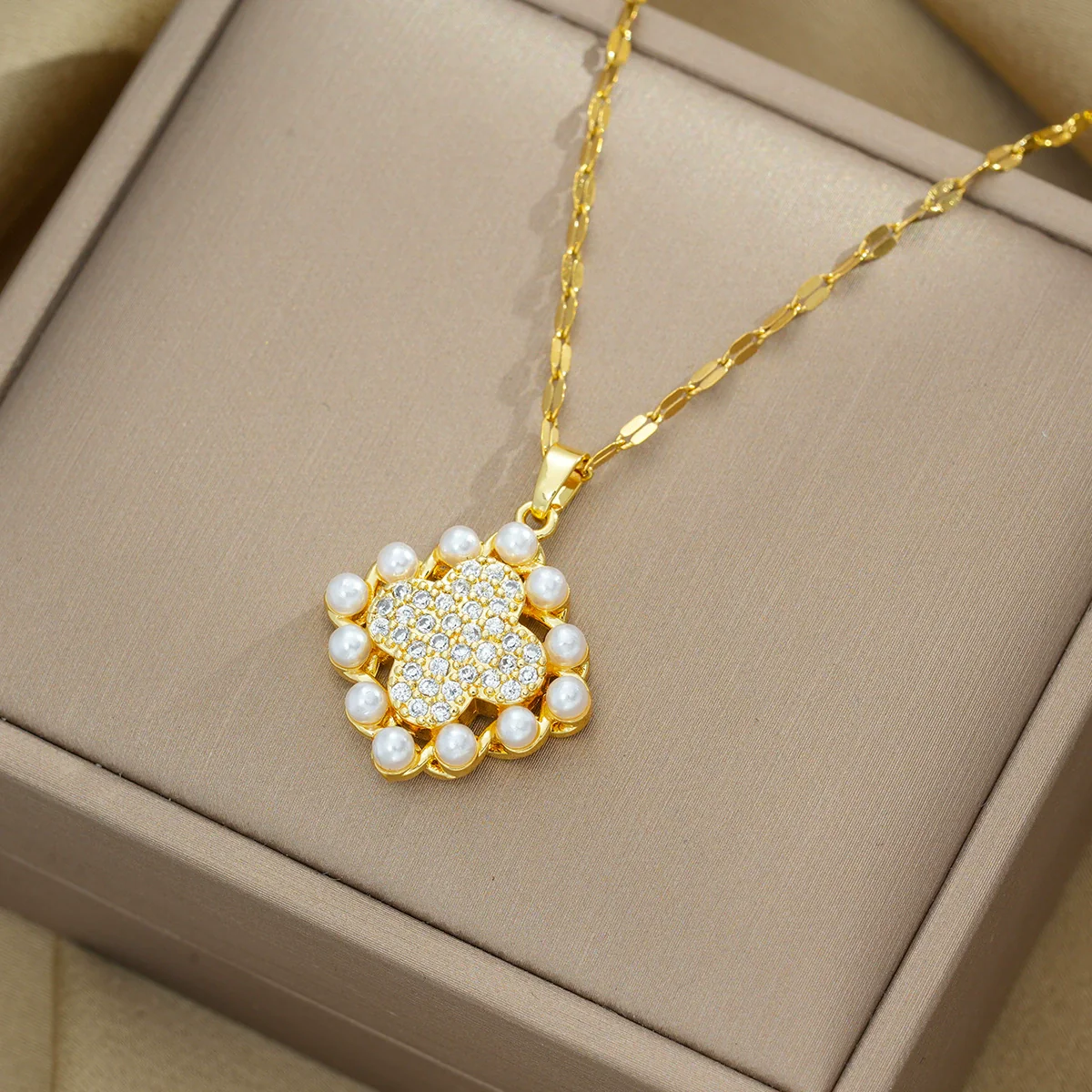 Women's Jewelry Set With Titanium Steel Fourleaf Clover Pendant Electroplated In Vacuum Furnace Geometric Style With Pearl And Diamond - Image 2