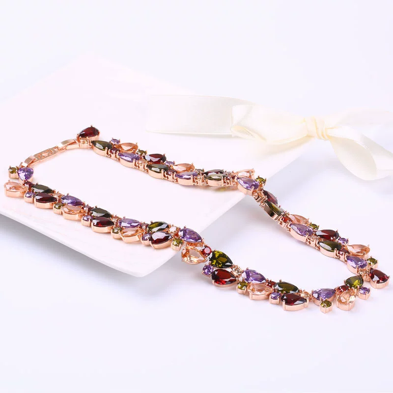 Women's Jewelry Set Zircon Plant Flowers Glass Design Necklace Earrings - Image 3