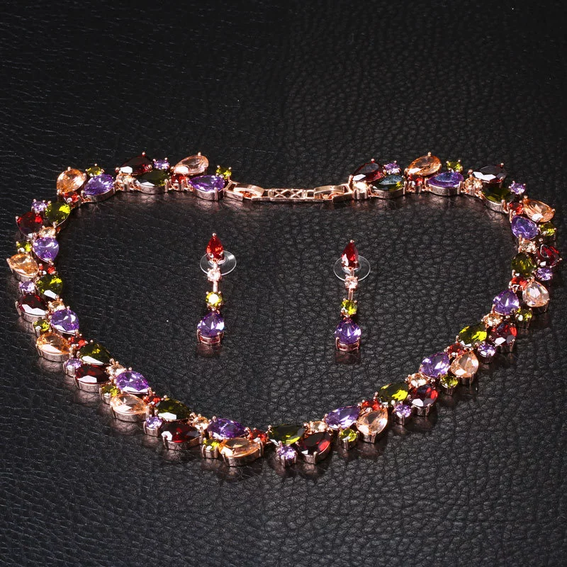Women's Jewelry Set Zircon Plant Flowers Glass Design Necklace Earrings - Image 4