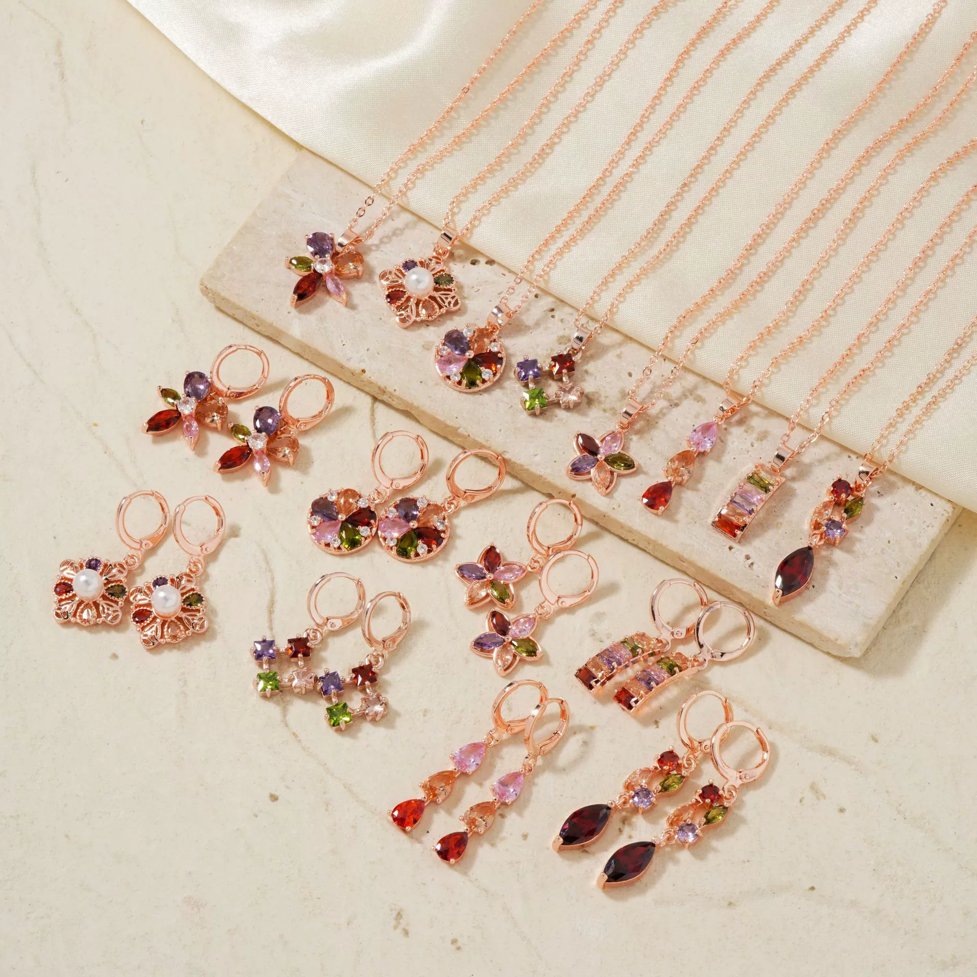 Women's Jewelry Twopiece Set With O Chain Stainless Steel Copper Zircon Glass Plants And Flowers Electroplated