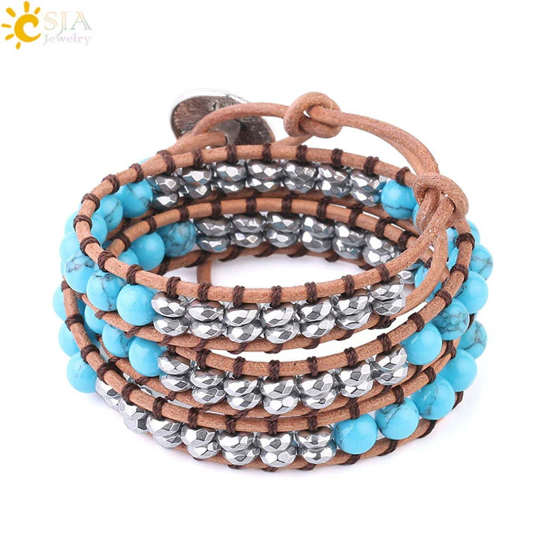 Women's Leather Woven Multilayer Wrap Bracelet With Mixed Turquoise Beads Synthetic Stone And Copper Accessories Minimalist Style - Image 2