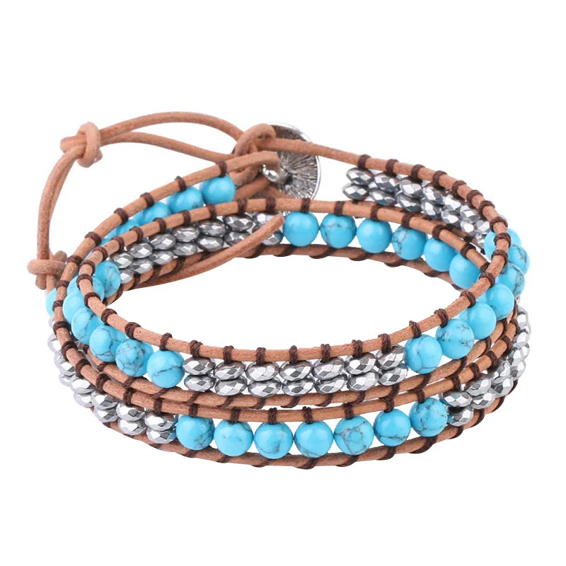 Women's Leather Woven Multilayer Wrap Bracelet With Mixed Turquoise Beads Synthetic Stone And Copper Accessories Minimalist Style - Image 3