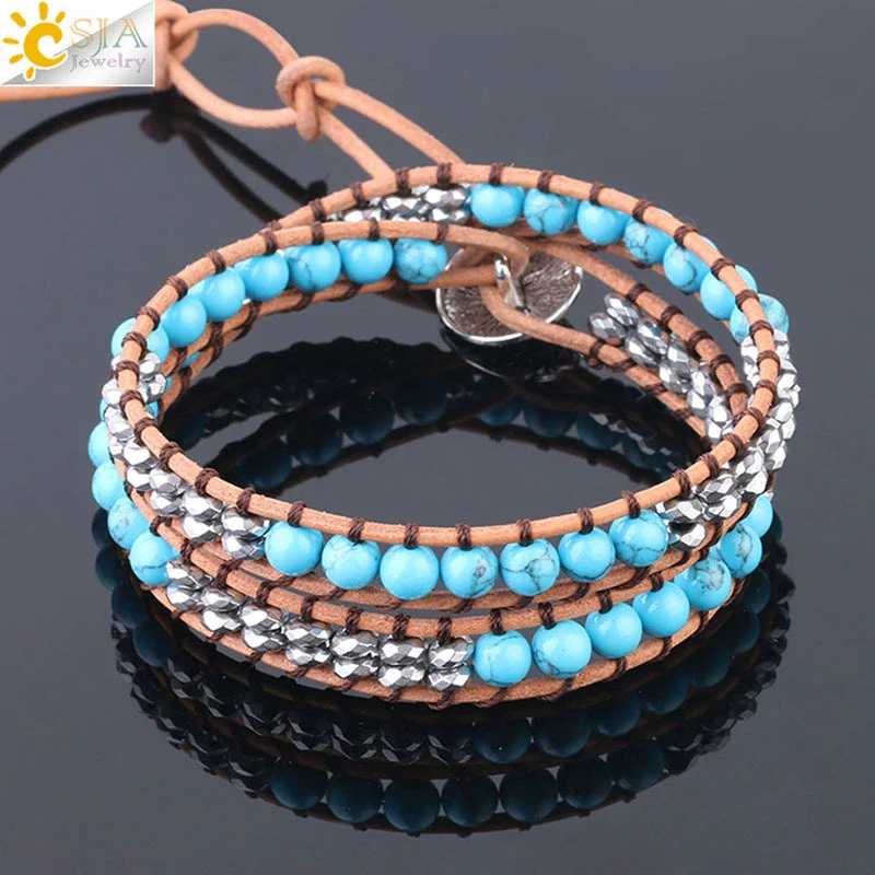 Women's Leather Woven Multilayer Wrap Bracelet With Mixed Turquoise Beads Synthetic Stone And Copper Accessories Minimalist Style - Image 4