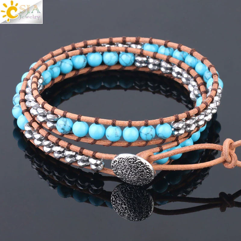 Women's Leather Woven Multilayer Wrap Bracelet With Mixed Turquoise Beads Synthetic Stone And Copper Accessories Minimalist Style - Image 5
