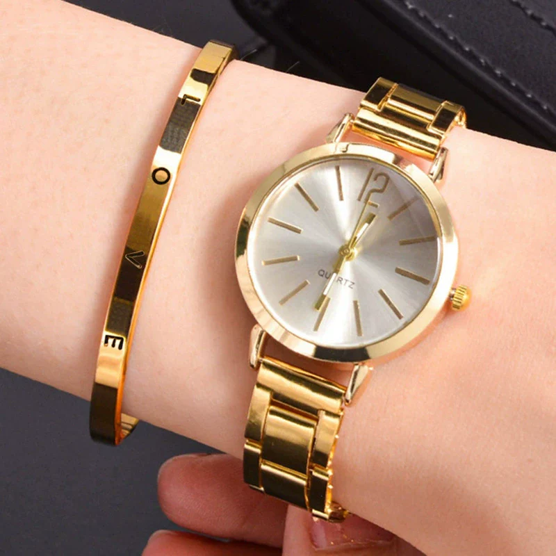 Women's Leisure Alloy Band Round Dial Quartz Watch With Rose Gold Pin Buckle