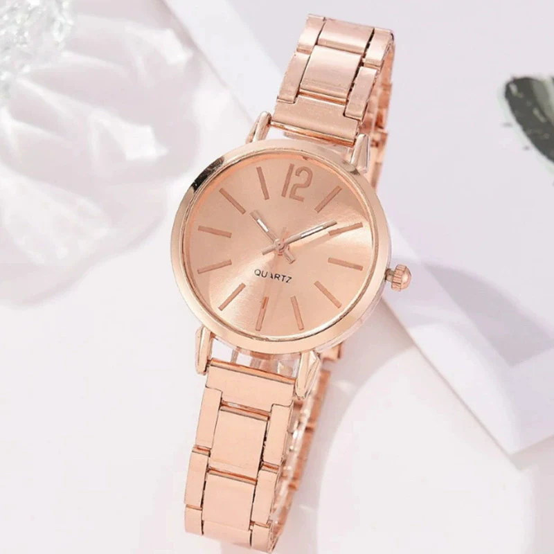 Women's Leisure Alloy Band Round Dial Quartz Watch With Rose Gold Pin Buckle - Image 4