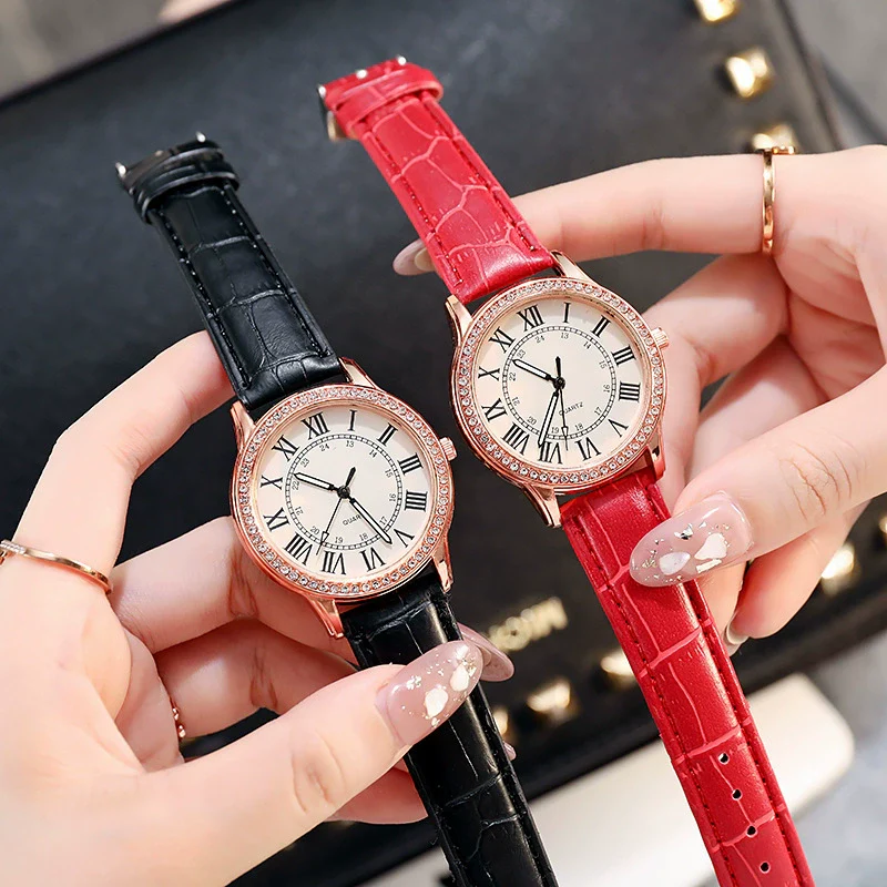 Women's Leisure Alloy Imitation Leather Belt Round Dial Quartz Watch With Diamondencrusted Luminous Design And Stainless Steel Buckle