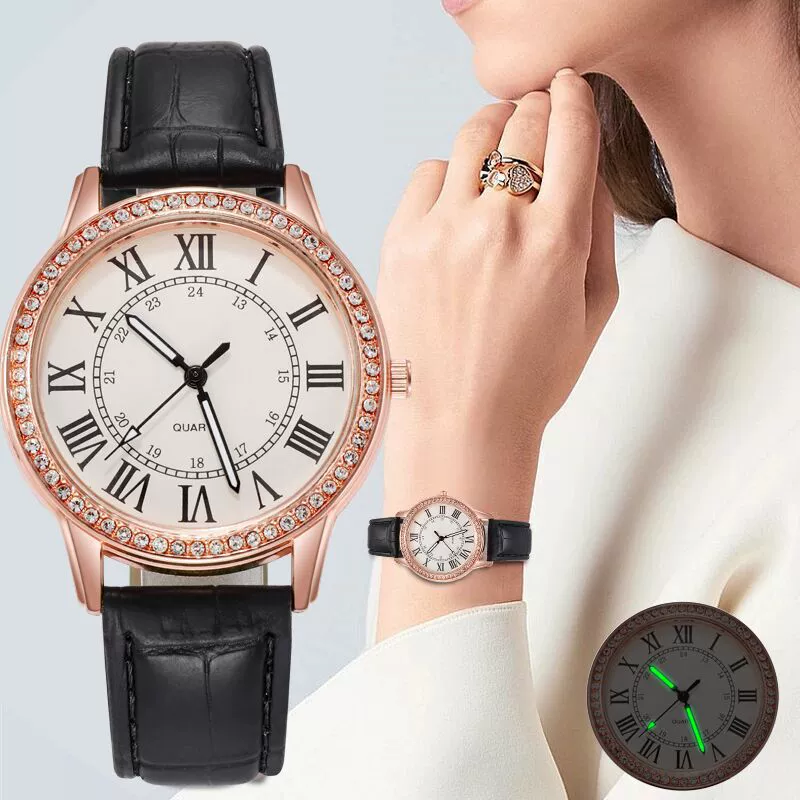 Women's Leisure Alloy Imitation Leather Belt Round Dial Quartz Watch With Diamondencrusted Luminous Design And Stainless Steel Buckle - Image 2